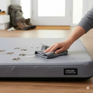 A pet owner cleaning a water-resistant cooling dog bed for summer, perfect for messy paws after a hike.