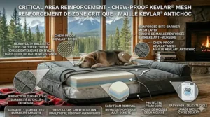 Diagram showcasing the machine-washable properties and easy-remove foam core of a durable dog bed for chewers.