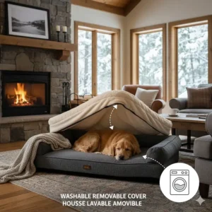 A diagram showing the easy-to-remove, machine-washable cover of a durable extra large dog bed.