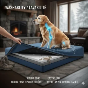 Illustration of a removable, waterproof cover for an orthopedic dog bed, perfect for cleaning muddy paws after a hike in BC.