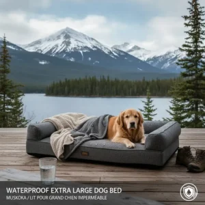 A waterproof extra large dog bed placed on a wooden deck overlooking a Canadian lake.