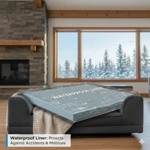 Durable waterproof liner inside a dog bed for hip dysplasia to protect against messes and moisture.