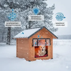 Graphic showing the windproof and waterproof exterior of a heated outdoor dog house built for the Canadian climate.