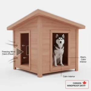 Illustration showing an offset door design to block freezing winds and vent d'hiver in Canadian climates.