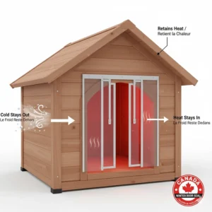 Illustration of a heavy-duty PVC door flap to retain heat inside an outdoor dog house during a Canadian winter.