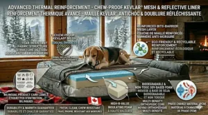 A thermal-reinforced dog bed for chewers designed for Canadian winters, featuring high-R-value insulating foam.