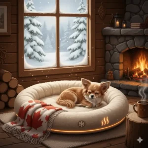 Illustration of a self-warming small dog bed for a Chihuahua, ideal for cold Canadian winters.