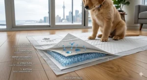 A 5-layer cross-section diagram of the best puppy pads showing quick-dry technology and a leak-proof bottom barrier.