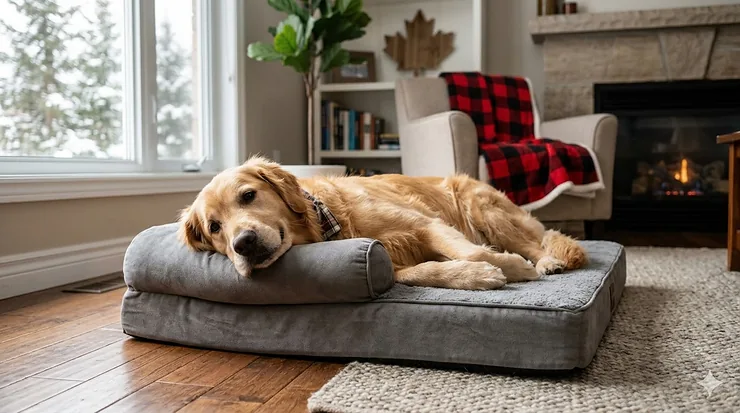A happy Golden Retriever resting on an affordable orthopedic dog bed in a cozy Canadian living room with a maple leaf decor accent and a warm fireplace.