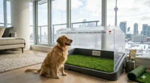 A weather-resistant indoor dog potty with grass placed on a condo balcony, designed for Canadian urban living.