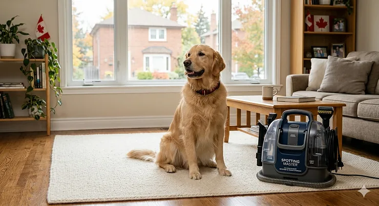 A golden retriever sitting on a clean rug in a Toronto living room with a carpet cleaner for pet accidents nearby.