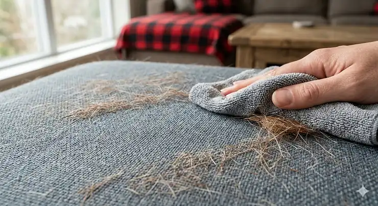 A Golden Retriever relaxing on a grey, hair-resistant dog bed for shedding dogs in a sunlit Canadian living room.