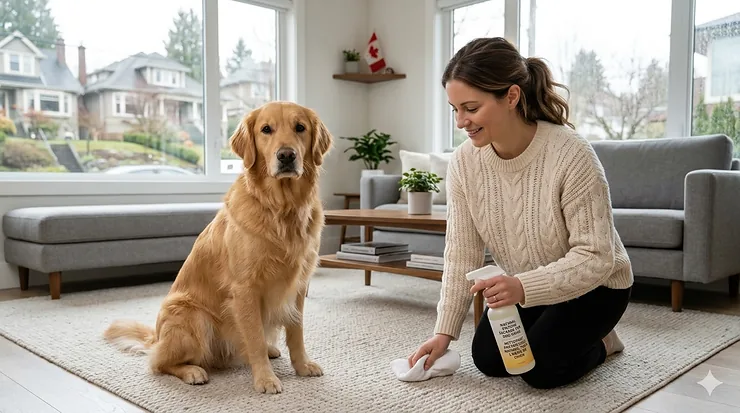 A happy Golden Retriever sitting on a clean rug in a Toronto living room after using an effective enzyme cleaner for dog urine.