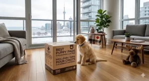 Illustration of puppy pad packaging featuring English and French text (Propreté pour chiots) to appeal to the Canadian market.