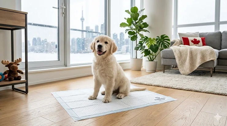 A Golden Retriever puppy sitting on a leak-proof training pad in a Vancouver apartment, demonstrating the best puppy pads for indoor potty training.