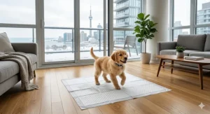 Illustration of a puppy using a training pad in a Toronto high-rise condo, highlighting the best puppy pads for urban apartment living.