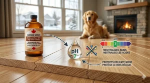 Eco-friendly hardwood floor safe dog urine cleaner with English and French labeling for the Canadian market.