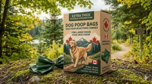 Illustration of Canadian-compliant packaging for extra thick dog poop bags featuring English and French text (Sacs pour déjections canines).