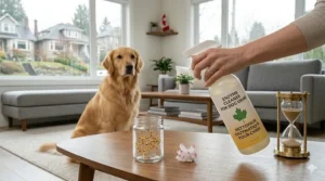 A product bottle featuring bilingual English and French text: Enzyme Cleaner and Nettoyeur enzymatique pour urine de chien.