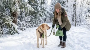 Durable biodegradable dog poop bags being used in deep snow during a Canadian winter walk.
