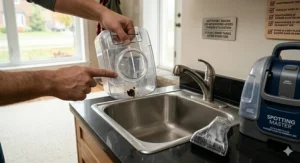 An instructional graphic on how to empty and clean a carpet cleaner for pet accidents after use.