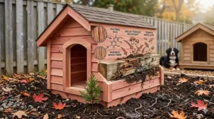Illustration showing the natural rot-resistance of a red cedar wooden dog house, a popular choice for Canadian pet owners.