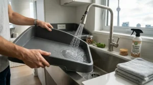 Illustration demonstrating how to rinse the drainage tray of an indoor dog potty system for easy maintenance in a Canadian laundry room.