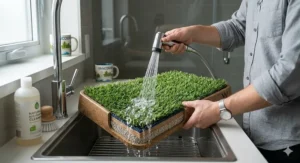 High-detail shot of a person rinsing an indoor dog toilet tray in a sink, showing easy maintenance for busy Canadian professionals.