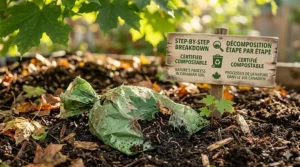 Illustration showing the breakdown of certified biodegradable dog poop bags in a backyard composting environment.