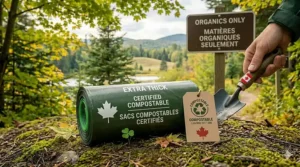 Green-themed illustration of extra thick dog poop bags for large dogs that are eco-friendly and meet Canadian composting standards.