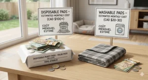 An infographic showing the long-term savings in Canadian dollars when choosing washable puppy pads over disposables.