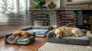 A size comparison guide for affordable orthopedic dog beds featuring common Canadian breeds like the Nova Scotia Duck Tolling Retriever and Labrador.