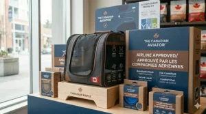 A pet carrier with English and French "Airline Approved / Approuvé par les compagnies aériennes" labels for the Canadian market.