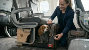 A happy traveler with a small dog in a soft-sided carrier during a flight over the Canadian Rockies.