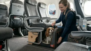 A stylish dog carrier being used on Canadian public transit, demonstrating versatility from city commuting to air travel.