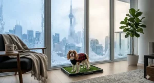 Small dog staying warm inside using an indoor dog toilet for condos during a snowy Canadian winter with a frosted Toronto skyline view.