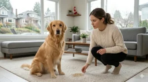 A puppy looking guilty next to a urine stain on a modern grey carpet, requiring an enzyme cleaner.