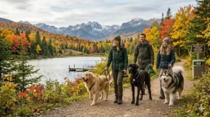 Illustration of a dog walker on a Canadian nature trail using extra thick dog poop bags for large dogs to keep trails clean.