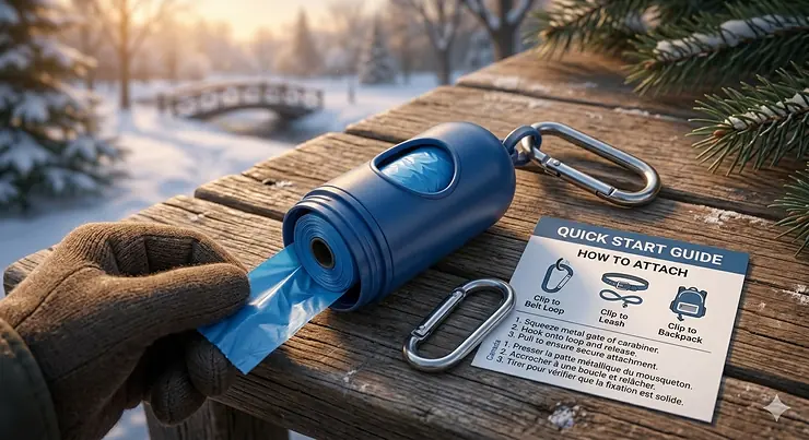 A poop bag dispenser with a metal carabiner clip clipped to a winter parka during a snowy walk in Toronto.