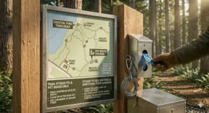 A pet owner using a poop bag dispenser with a carabiner clip while walking their dog in a scenic Ottawa park.