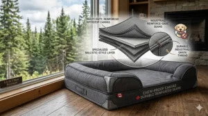 An illustration of a heavy-duty, chew-resistant dog bed for Labrador Retrievers, highlighting reinforced seams for active Canadian dogs.