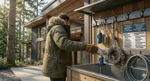 Illustration showing the strength of a rust-resistant carabiner clip on a poop bag dispenser, ideal for humid Canadian coastal climates.