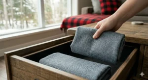 A cozy, heavy-duty dog bed for shedding dogs placed near a fireplace, ideal for cold Canadian winters.