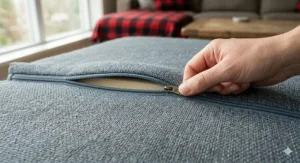 Close-up illustration of a specialized non-stick fabric for a dog bed for shedding dogs, showing easy hair removal.