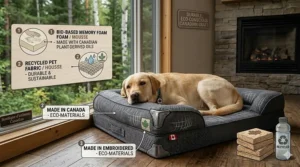 An illustration of a sustainable dog bed made from recycled Canadian materials, featuring a small maple leaf tag.