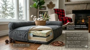 Sustainable and eco-friendly materials used in an affordable orthopedic dog bed designed with bio-based foam for the conscious Canadian pet owner.