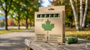 Sustainable and biodegradable dog poop bags featuring bilingual English and French Canadian labeling.