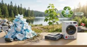 A graphic comparing the landfill waste of disposable pads versus the sustainability of reusable dog pee pads in Canada.