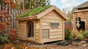 A stylized graphic of a sustainable, FSC-certified wooden dog house niche pour chien, highlighting eco-friendly Canadian materials.