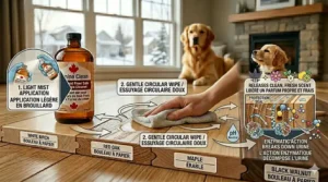 Visual representation of enzymatic action breaking down urine molecules on a dark walnut floor without stripping the finish.